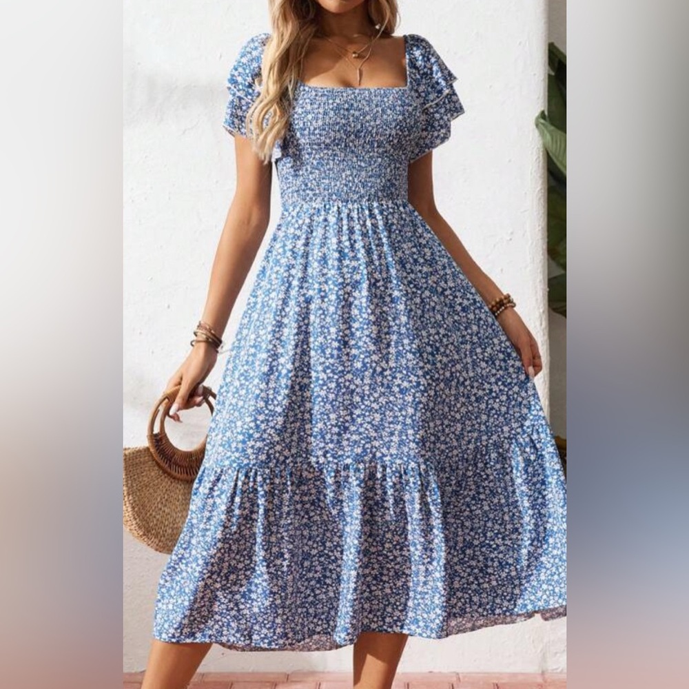 SHEIN Blue and White Smocked Flutter Sleeve Sundress